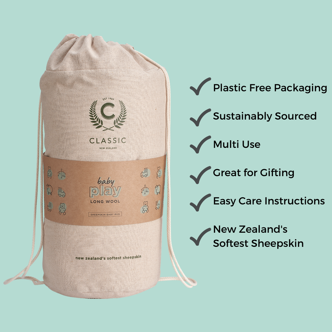 Classic Sheepskins Play rug bag with feature list