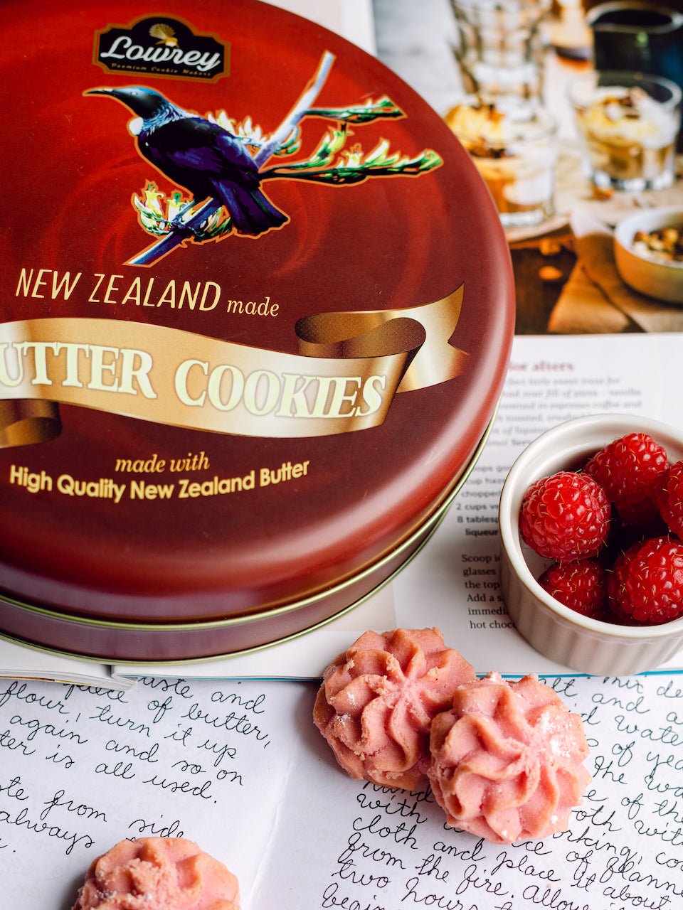 Red Lowrey tin with Raspberry butter cookies and fresh raspberries