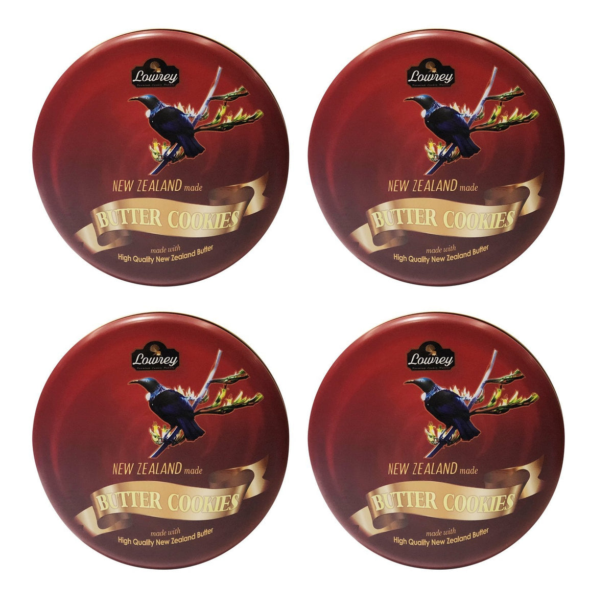 Four red Lowrey butter cookie tins