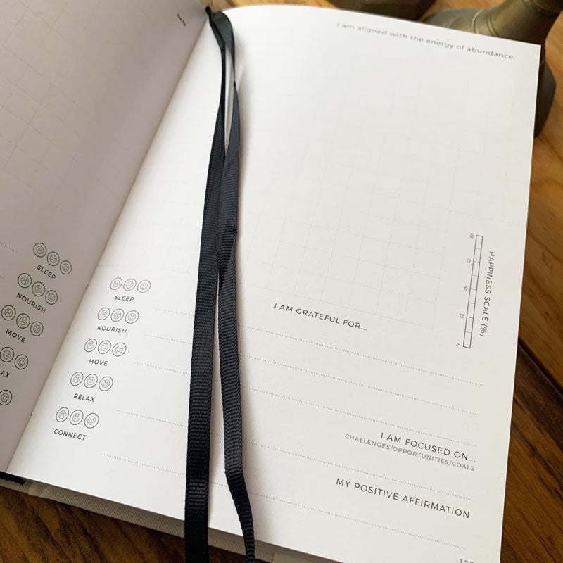 Inside pages of the I Am... Mindset Journal with ribbon bookmark