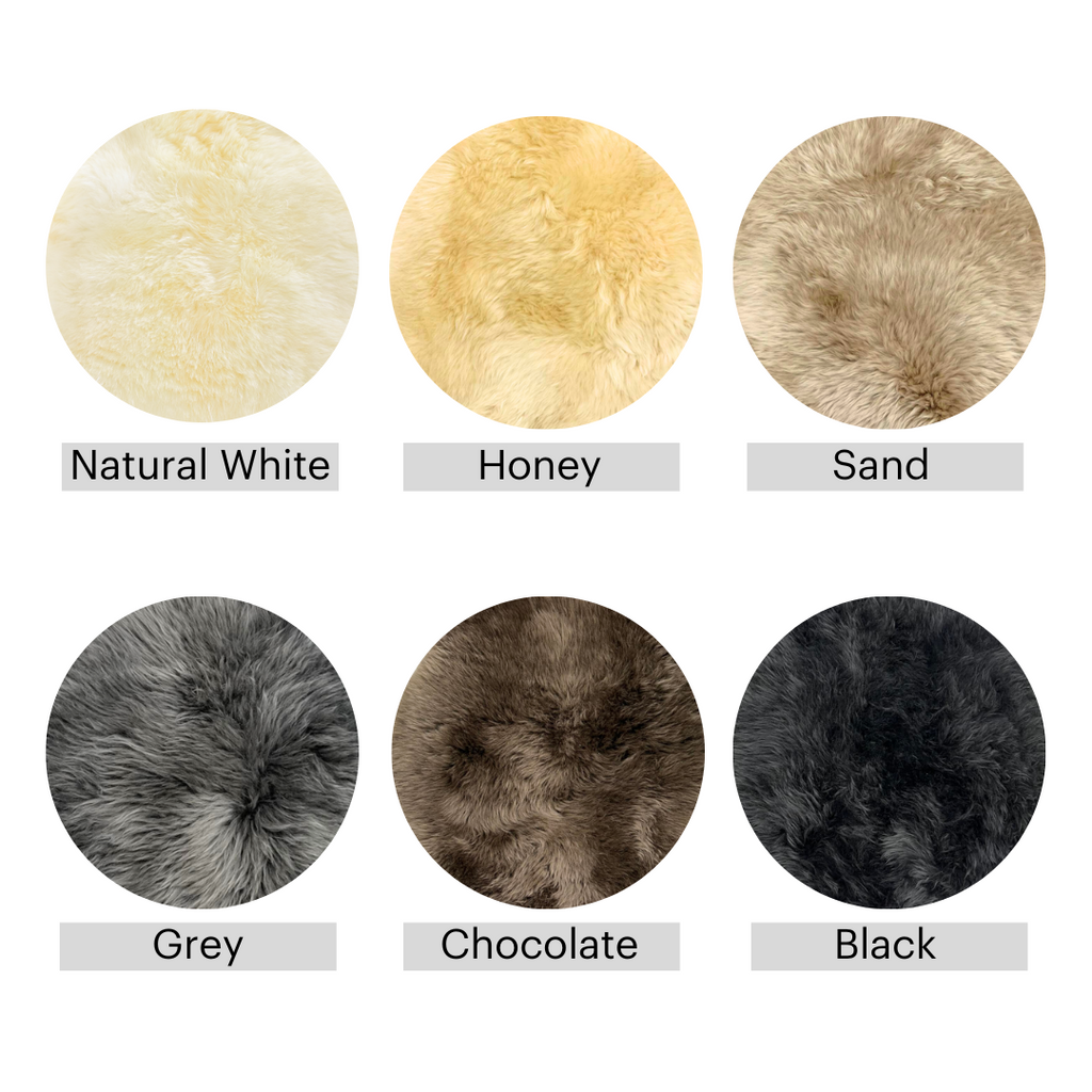 Sheepskin colour options: natural white, honey, sand, grey, chocolate and black