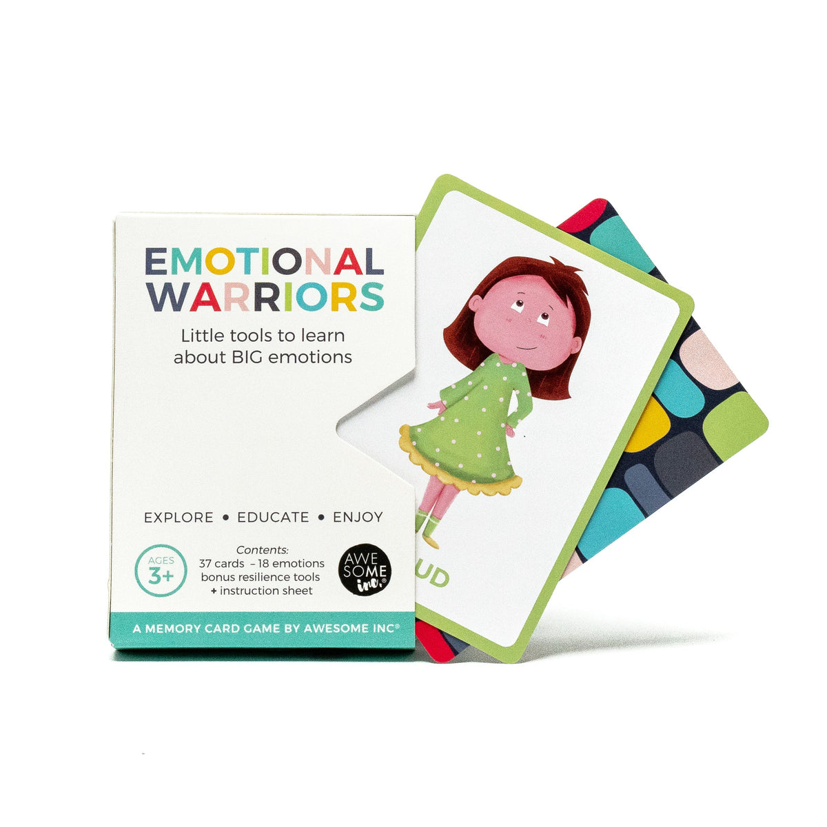 Emotional Warriors card game box with sample cards