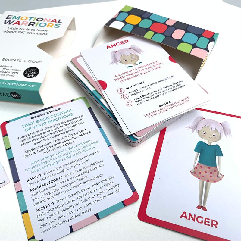 Emotional Warriors cards, including the "Anger" card, with the box