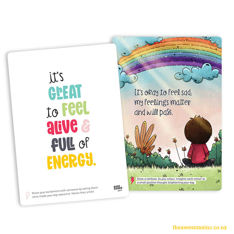 Two Affirmations & Actions cards, one reading "It's great to feel alive and full of energy"