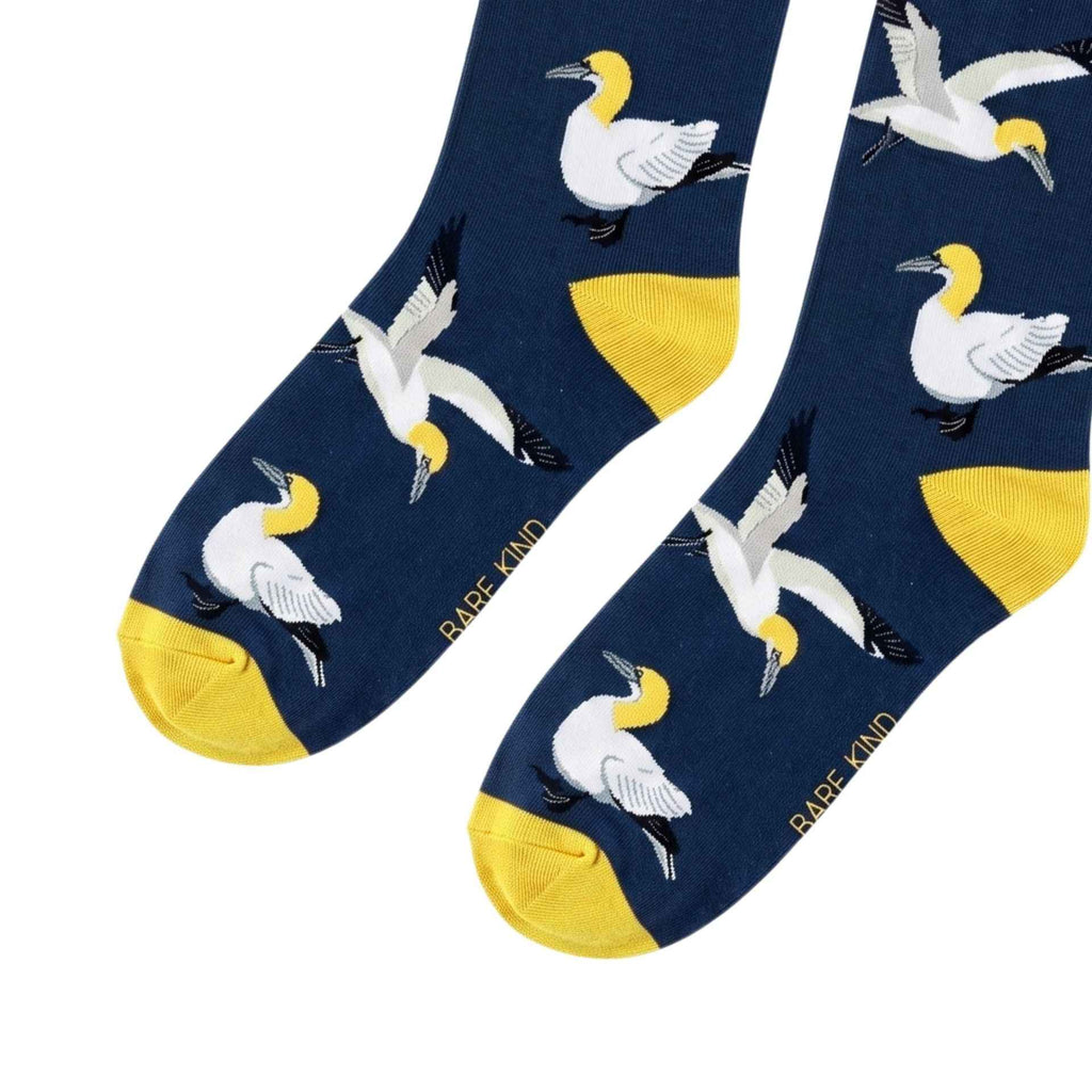 Close-up of the gannet pattern on navy Barekind bamboo socks