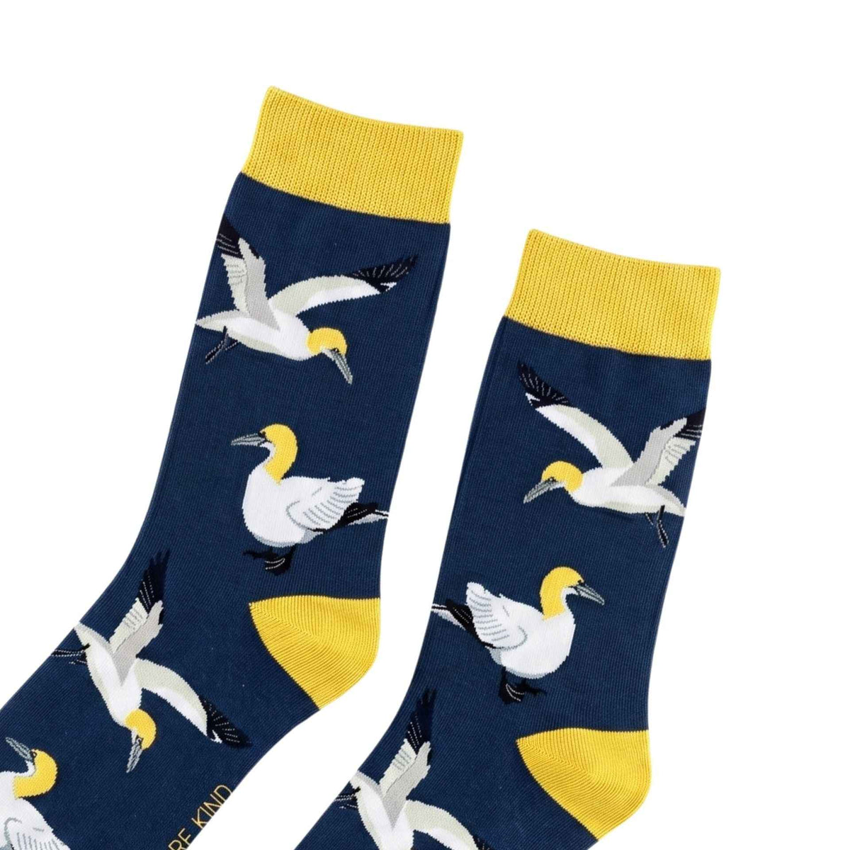 Close-up of the gannet design and yellow cuffs on Barekind bamboo socks