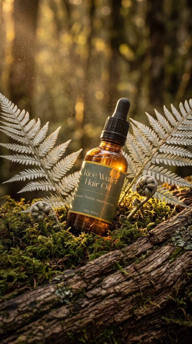NaturalCare Rice Water Hair Oil bottle on moss in a forest