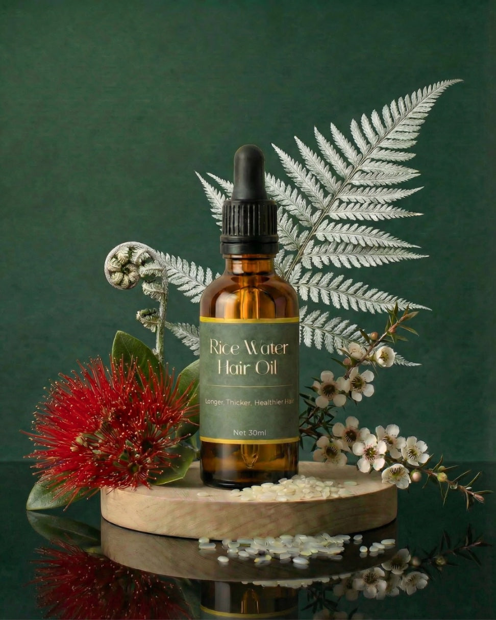 NaturalCare Rice Water Hair Oil bottle with pōhutukawa flowers and ferns