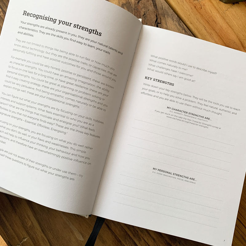 Inside pages of the I Am... Mindset Journal on recognising your strengths