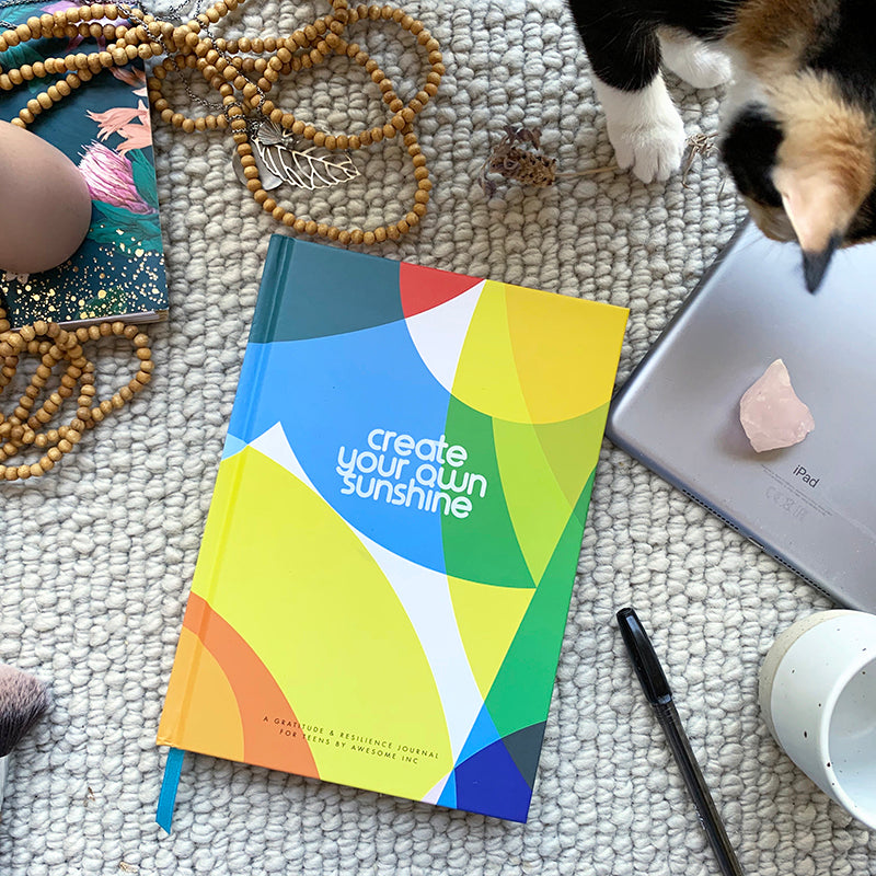 Resilient ME "Create Your Own Sunshine" teen journal on a rug