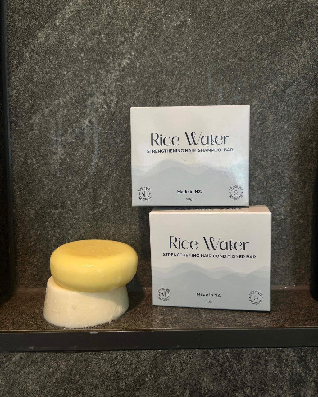 NaturalCare Rice Water shampoo and conditioner bars with boxes