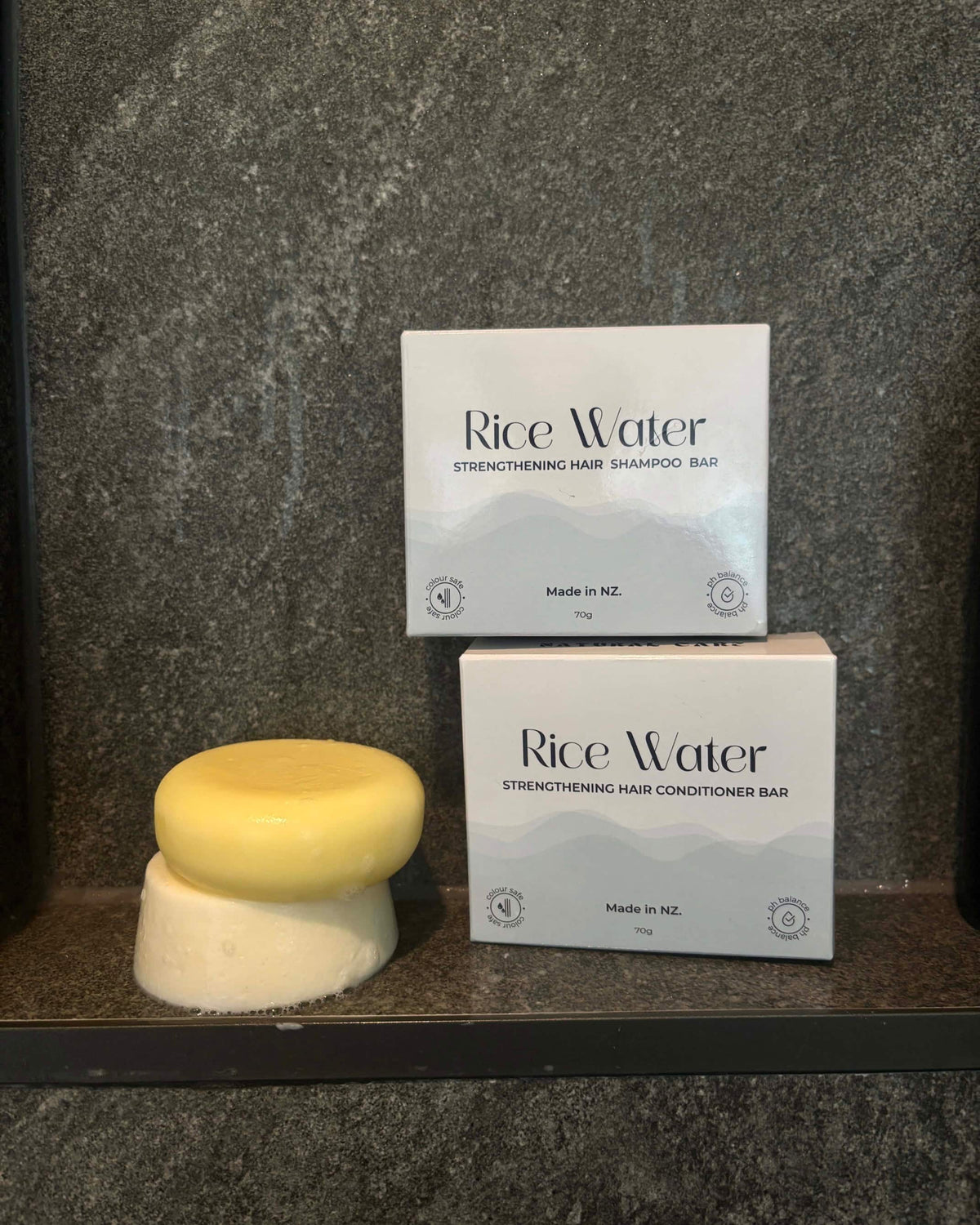 NaturalCare Rice Water shampoo and conditioner bars with boxes