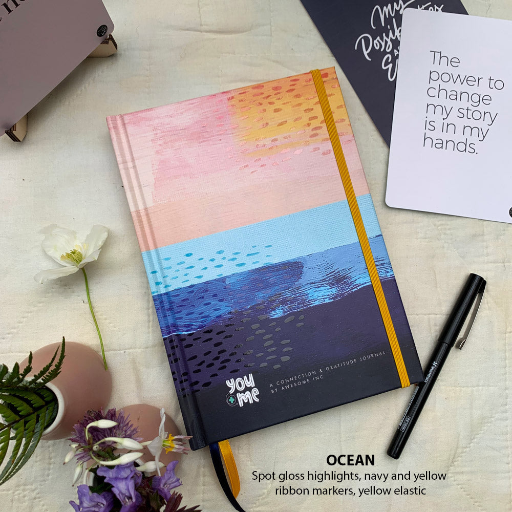 You + ME Connection Journal Ocean cover with pen and cards