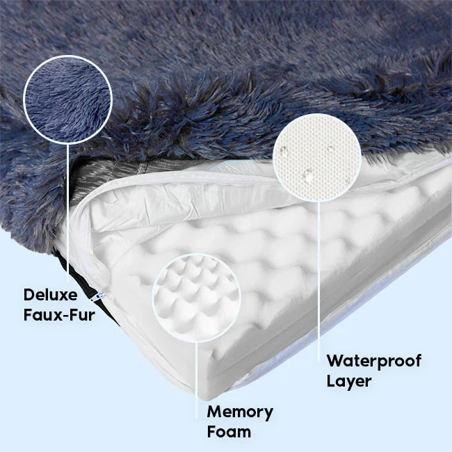 Cutaway corner of a Brooklyn Ultra memory foam dog bed showing the faux-fur cover, memory foam and waterproof layer