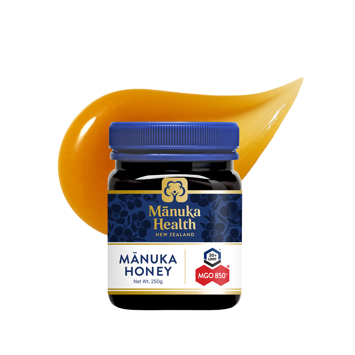 Manuka Health Original Manuka Honey MGO 850+ jar with a swirl of honey