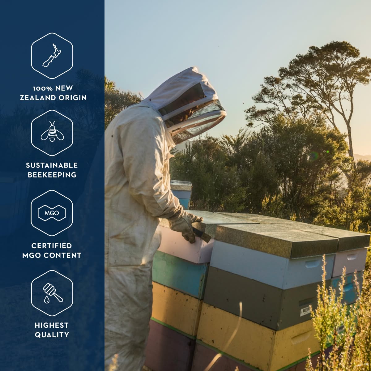 Beekeeper at hives with Manuka Health quality badges