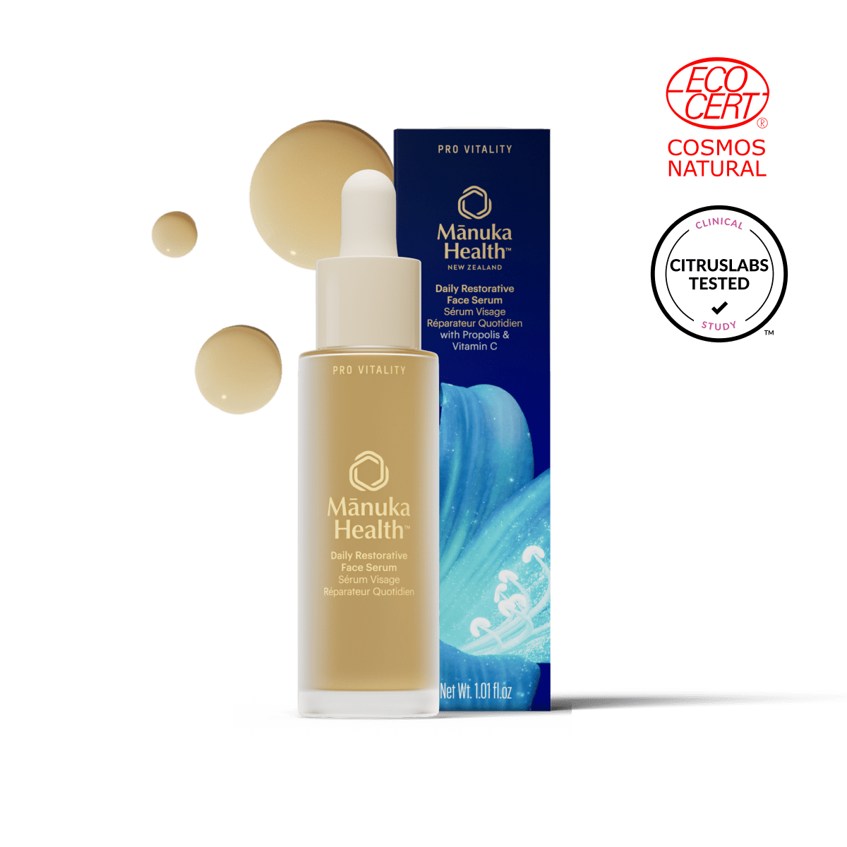 Manuka Health face serum dropper bottle and box