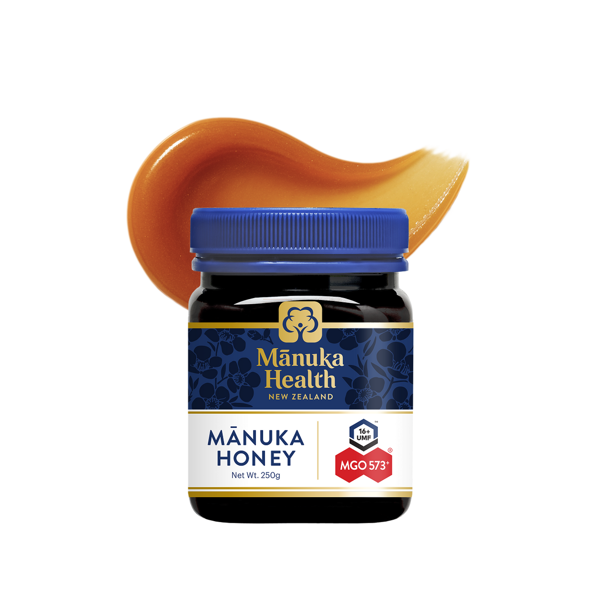 Manuka Health Original Manuka Honey MGO 573+ jar with a swirl of honey