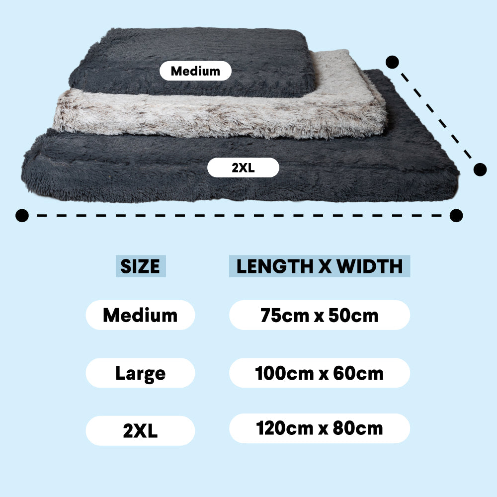 Size chart for the Brooklyn Ultra memory foam dog bed: Medium 75 x 50cm, Large 100 x 60cm, 2XL 120 x 80cm