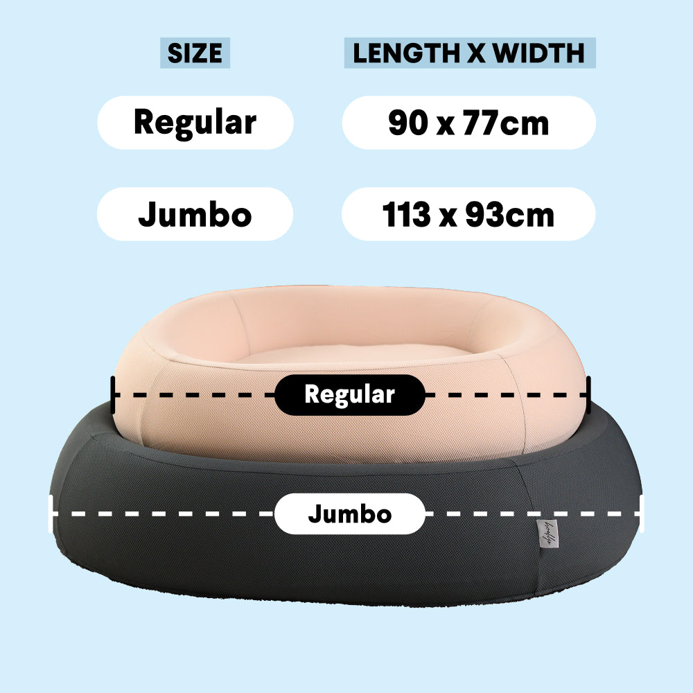 Size chart for the Brooklyn Nest dog bed: Regular 90 x 77cm, Jumbo 113 x 93cm