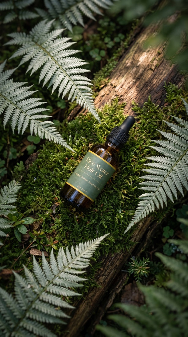 NaturalCare Rice Water Hair Oil bottle among ferns