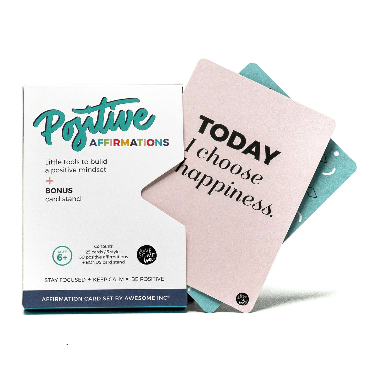 Positive Affirmations card set box with a card reading "Today I choose happiness"