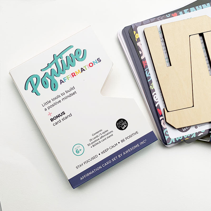 Positive Affirmations card set box with wooden card stand