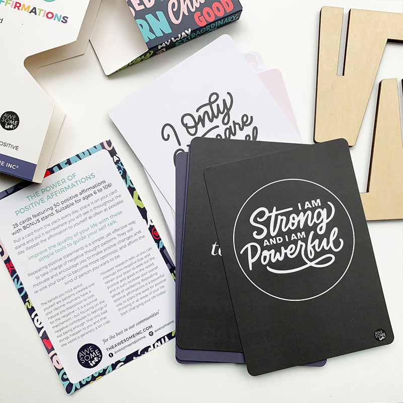 Positive Affirmations cards and instructions, including "I am strong and powerful"