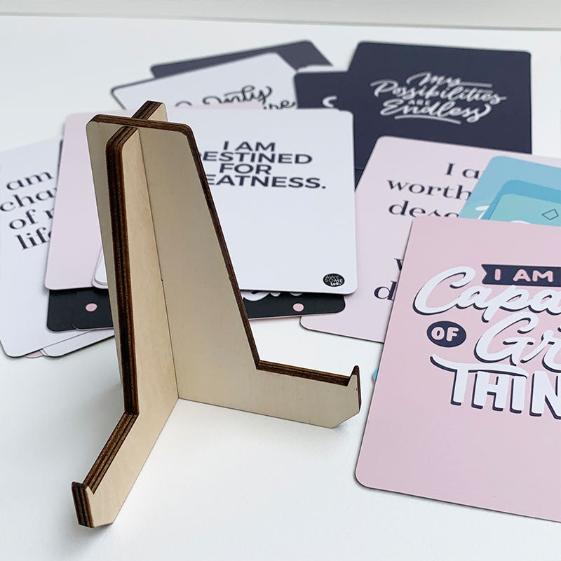 Wooden card stand with Positive Affirmations cards