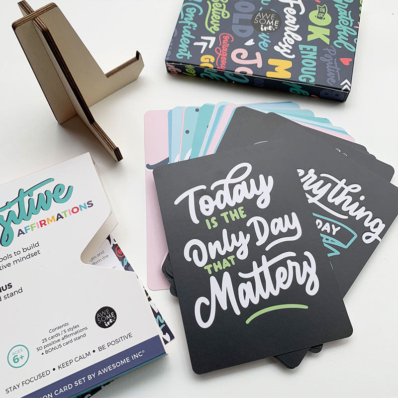 Positive Affirmations cards with box and wooden stand, including "Today is the only day that matters"