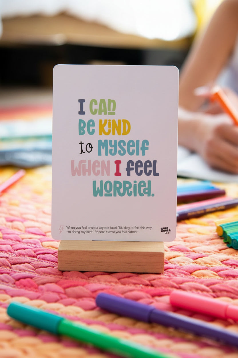 Affirmations & Actions card reading "I can be kind to myself when I feel worried" on a stand