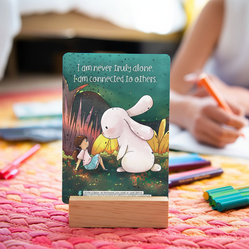 Illustrated Affirmations & Actions card with a white rabbit, on a wooden stand