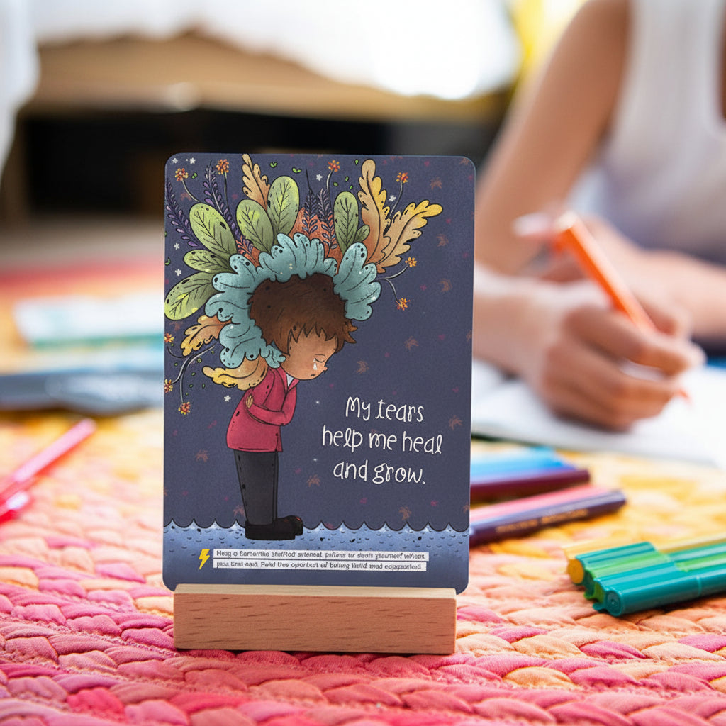 Affirmations & Actions card on a wooden stand beside a child drawing
