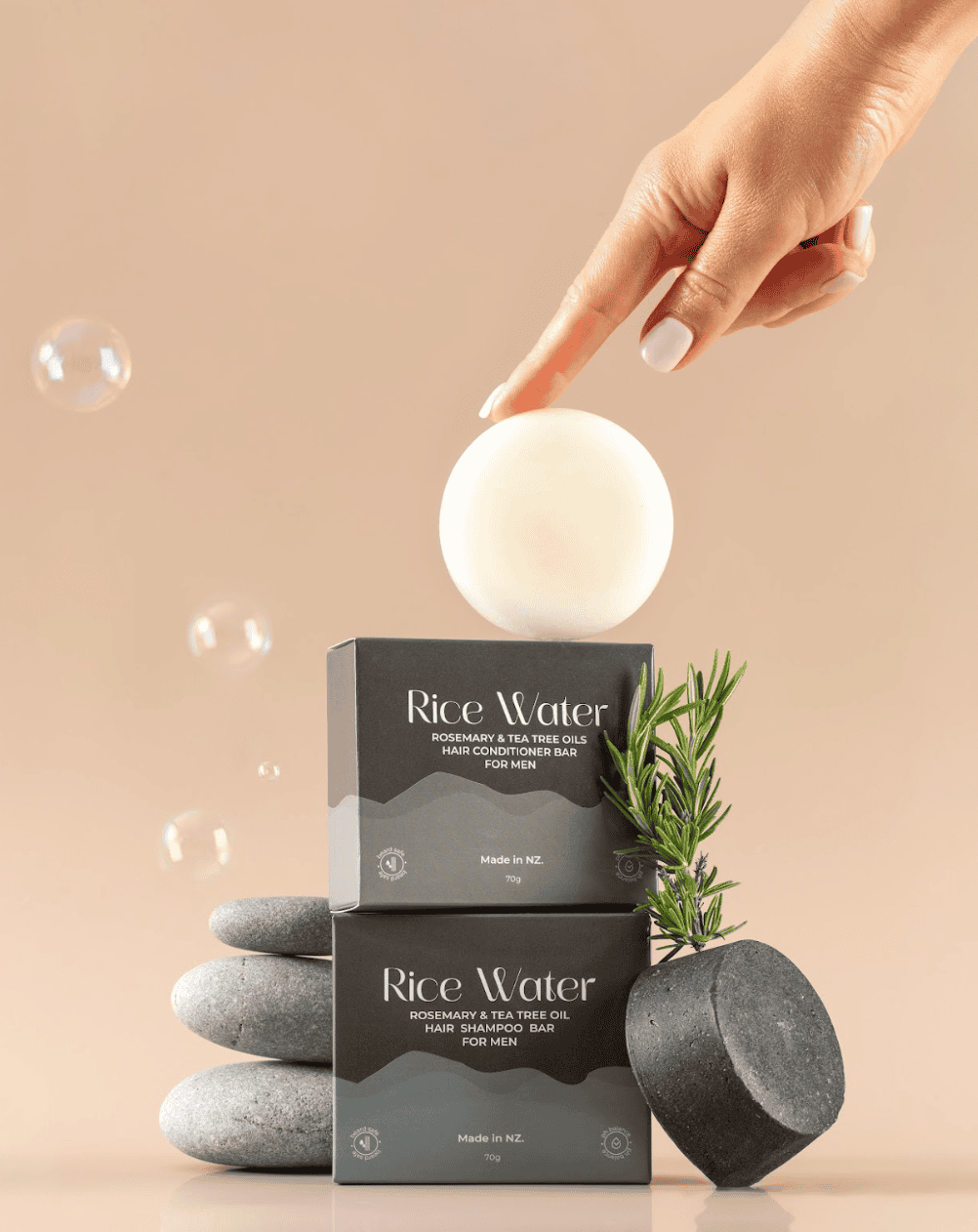NaturalCare Rice Water men's shampoo and conditioner bars with boxes