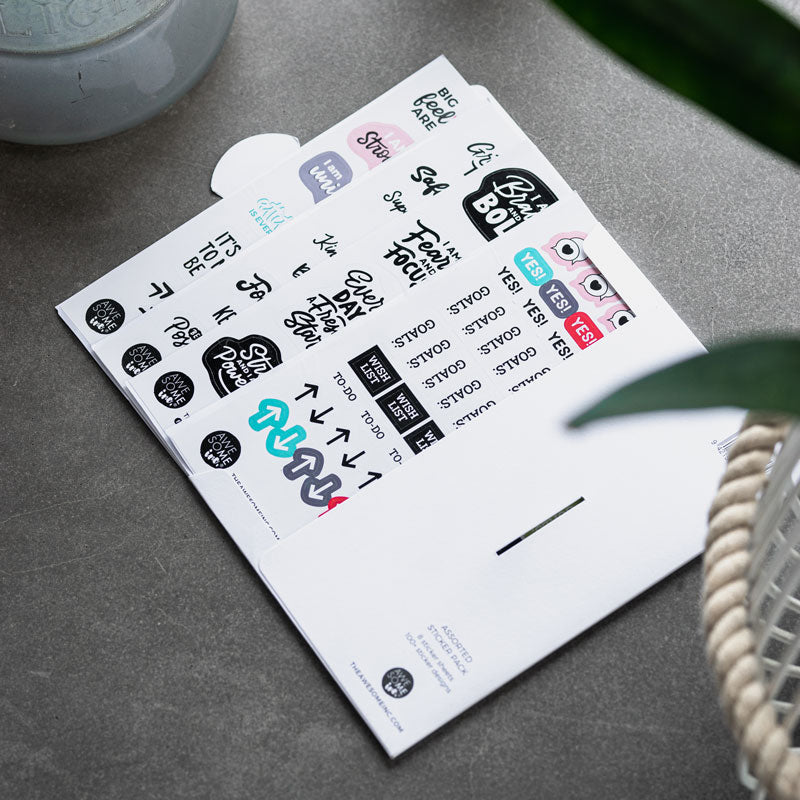 Sheet of black and white wellbeing stickers