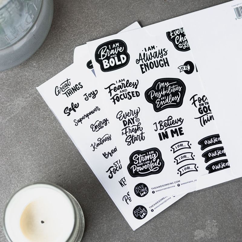 Wellbeing sticker sheet with phrases such as "Be brave, be bold"