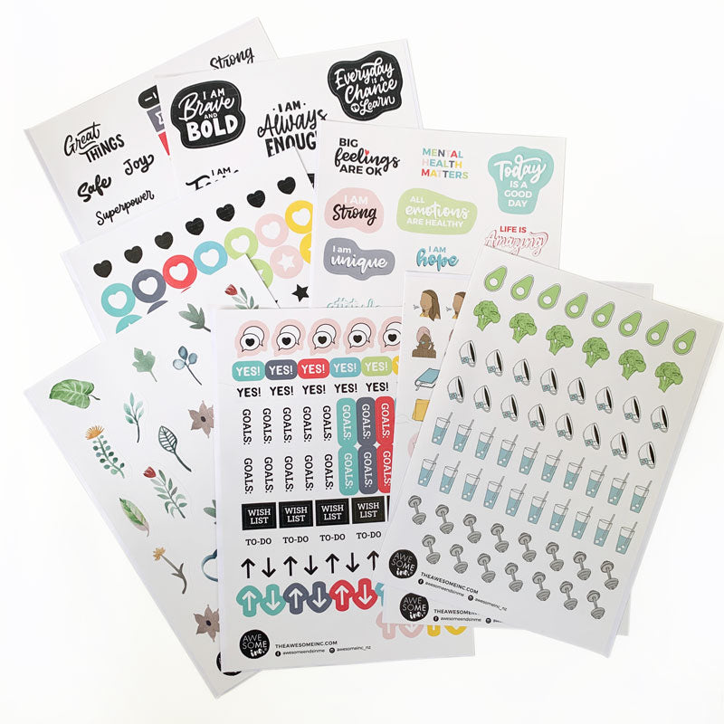 Wellbeing sticker sheets fanned out