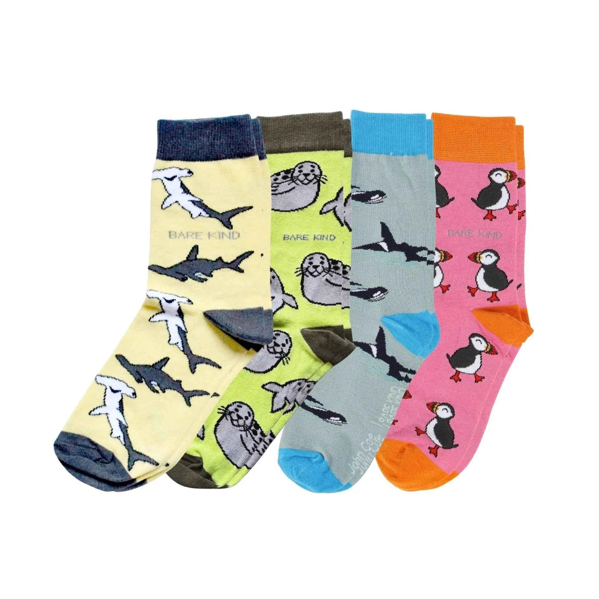 Barekind Ocean Rainbow bundle: four pairs of bamboo socks with sharks, seals, orcas and puffins