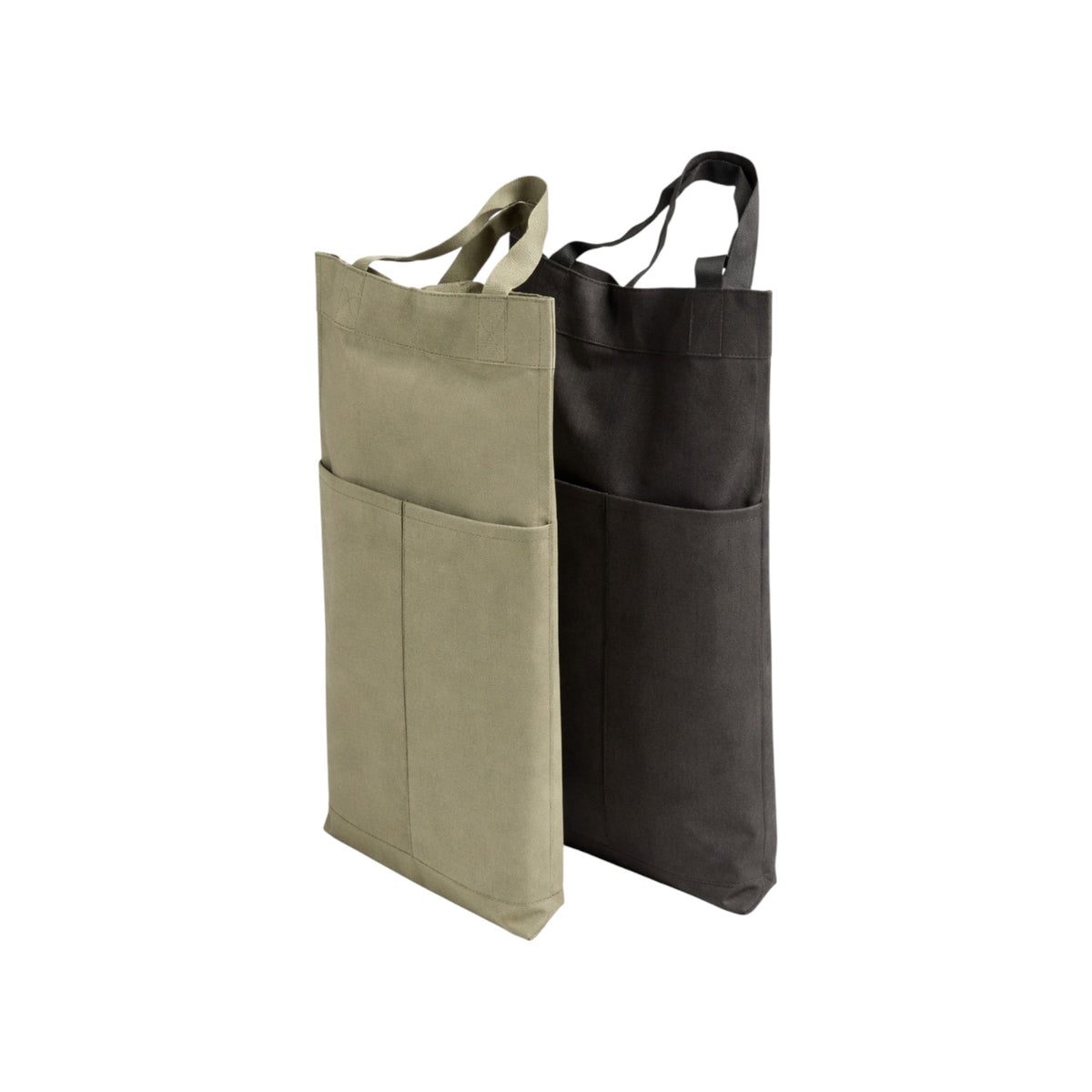 Two Frankly Cotton reusable utility tote bags in olive and black, with front pockets