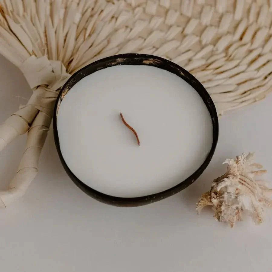 Coco Bella coconut shell candle with a wood wick, on a woven fan with a shell