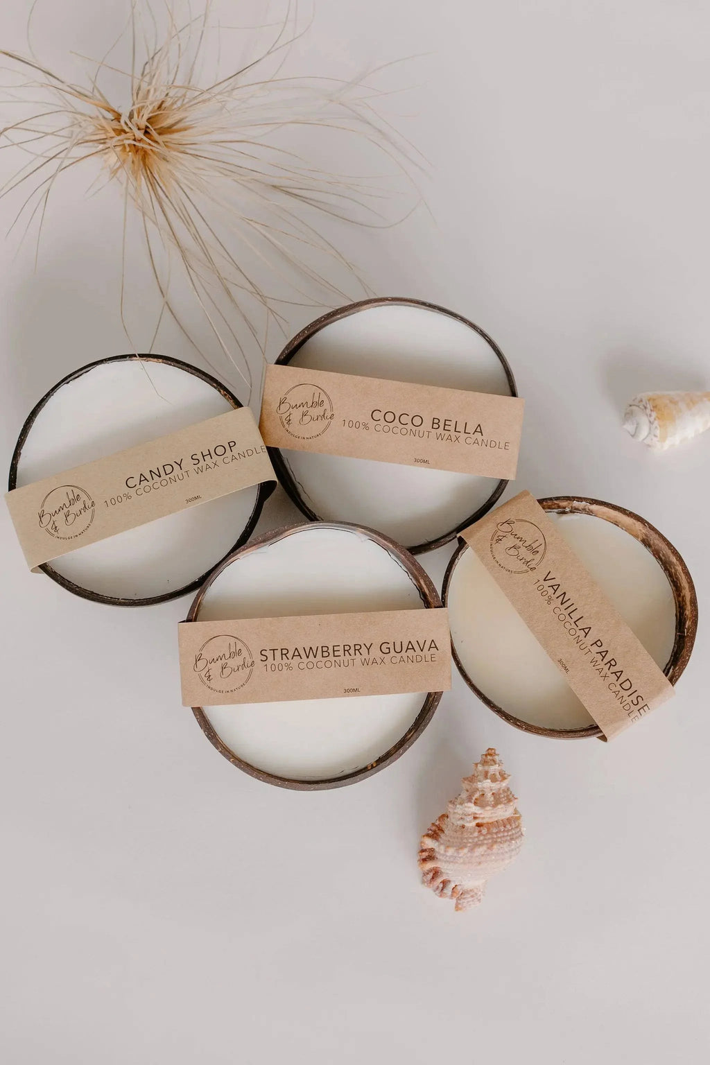 Four Bumble & Birdie coconut shell candles including Candy Shop, with labels and shells