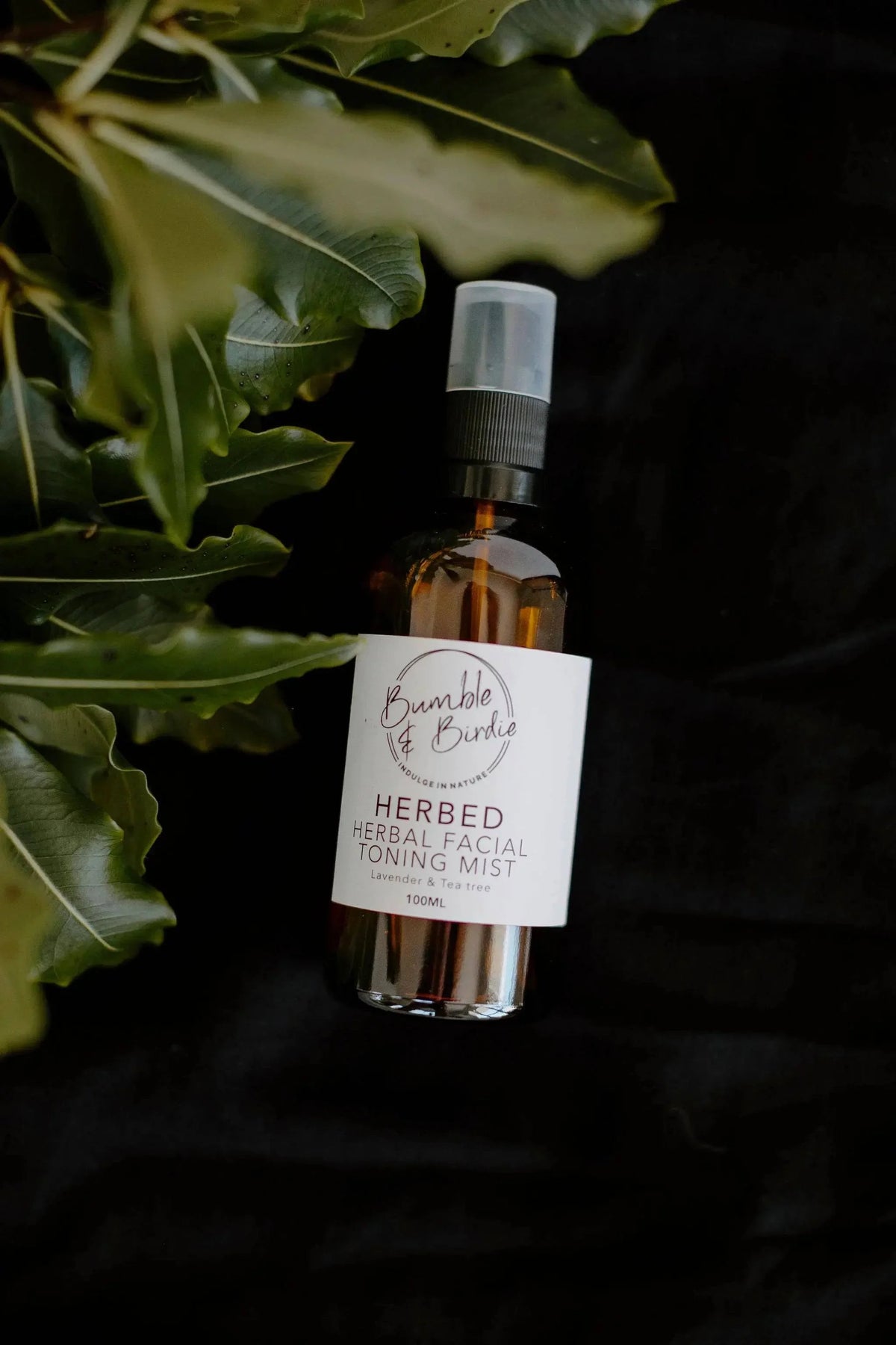 Herbed facial toning mist in an amber spray bottle on a dark background with leaves