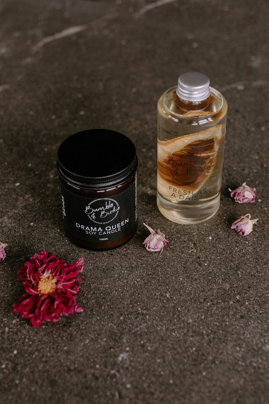 Pick Me Up set: Drama Queen jar candle and Fresh as a Daisy body oil with dried flowers