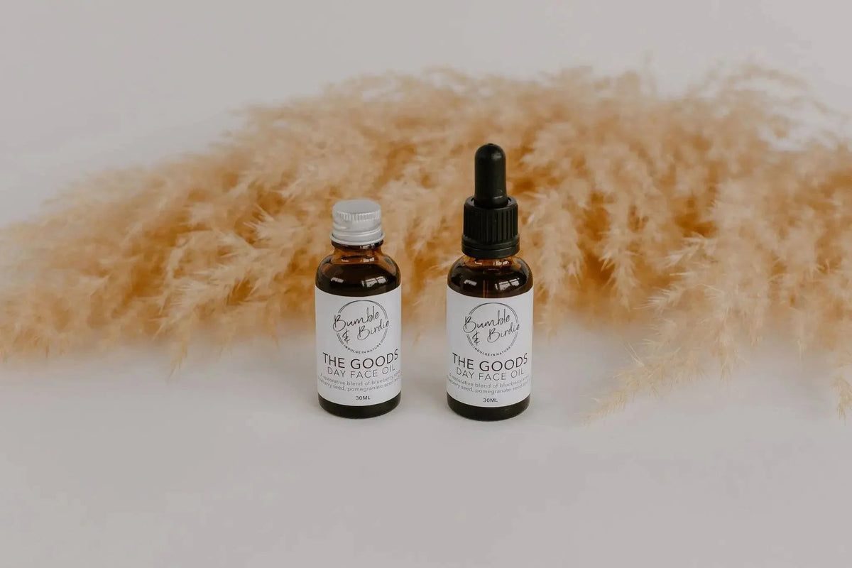 Two Bumble & Birdie face oil bottles for the Powerhouse Ritual Set, with pampas grass