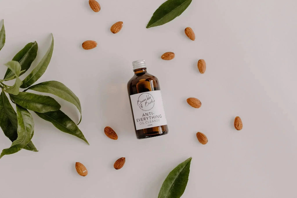Bumble & Birdie oil cleanser bottle from the Summer Daze set, with almonds and leaves