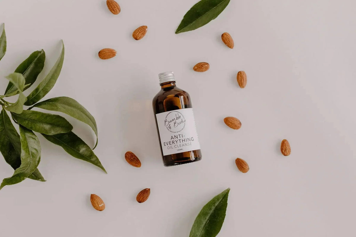 Bumble & Birdie oil cleanser bottle from the Summer Daze set, with almonds and leaves