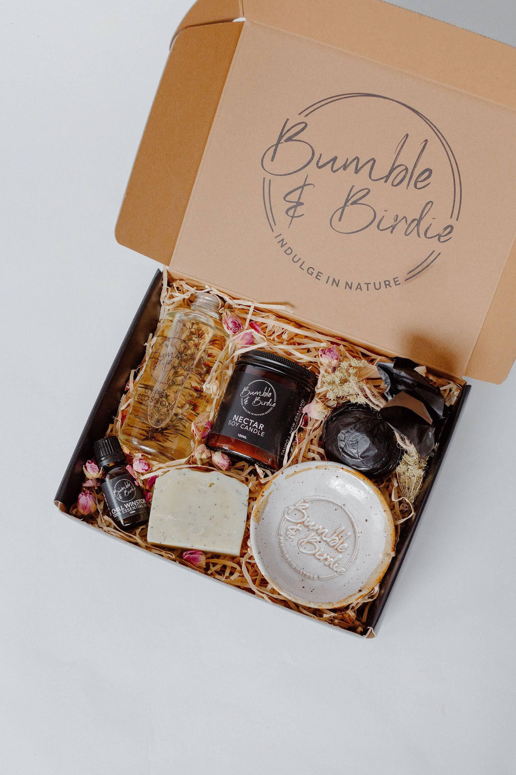 The Art of Bath Ritual Set in an open Bumble & Birdie gift box