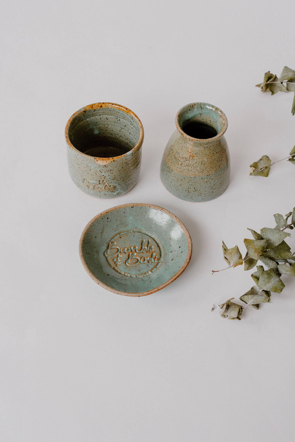 Earth Clay Pottery Essentials Set in green glaze: mask mixing bowl, brush holder and soap dish