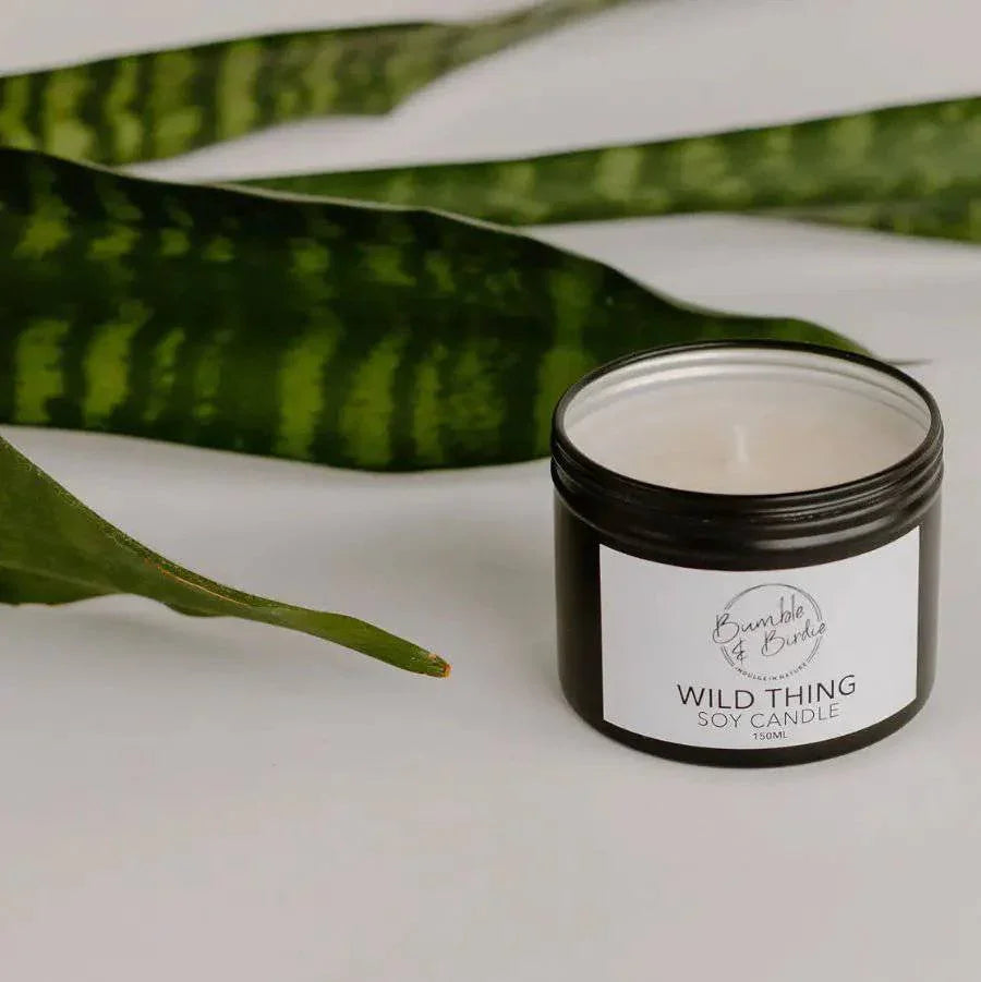 Wild Thing soy tin candle beside long green leaves