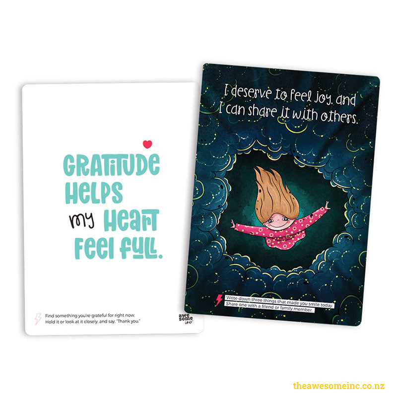 Two Affirmations & Actions cards, one reading "Gratitude helps my heart feel full"